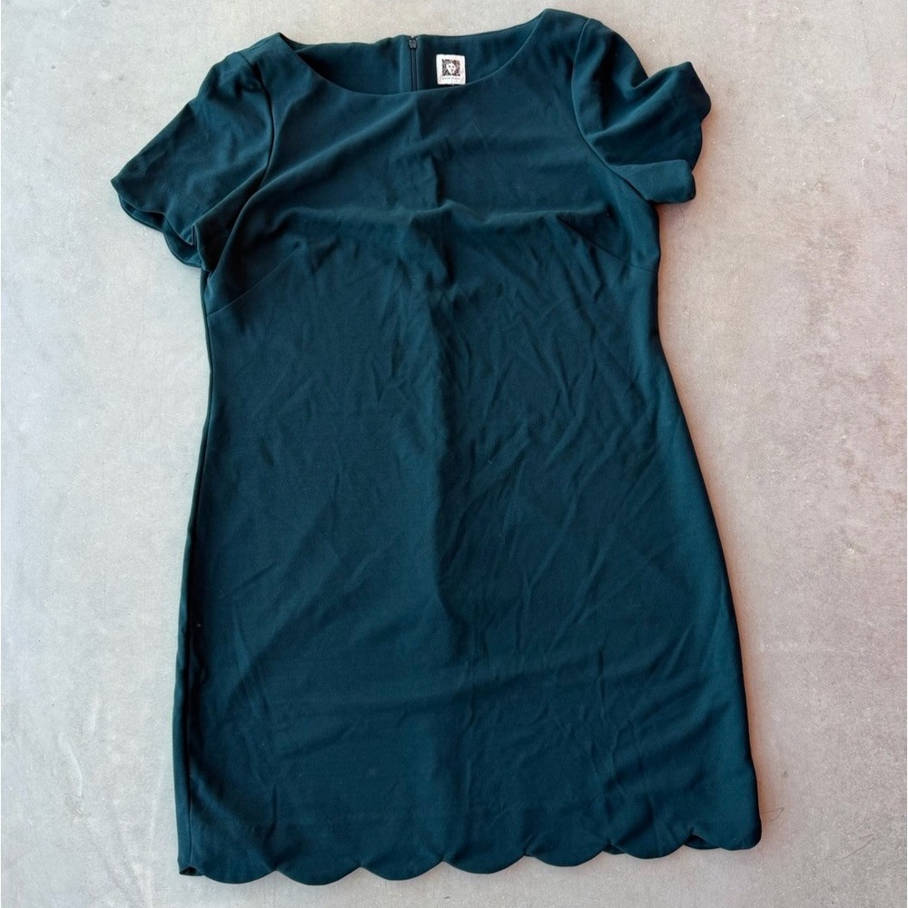Vintage Anne Klein Dress Dark Teal Green Satin Scalloped Hem Mod Shift